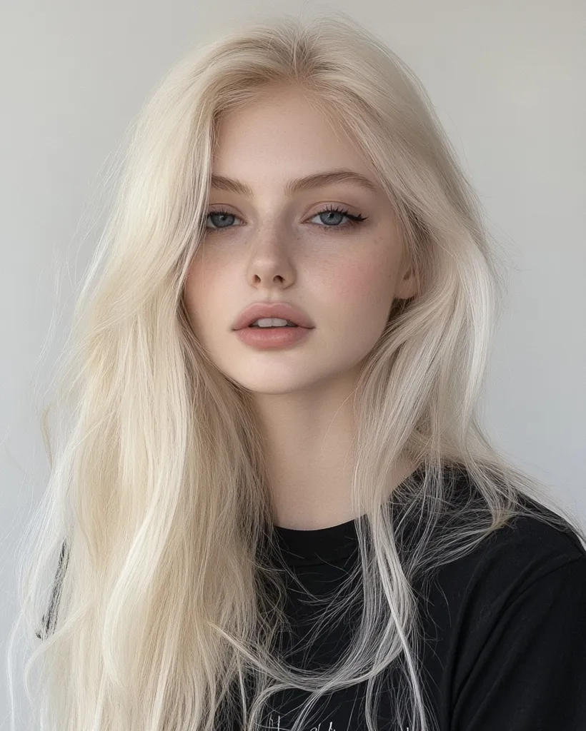 Here's a description of the image:

The image shows a young woman with exceptionally long, flowing platinum blonde hair that falls past her shoulders.  Her makeup is light and natural, accentuating her light blue eyes and fair complexion. She has a neutral expression, and her skin appears smooth and flawless. She's wearing a simple black t-shirt. The background is a plain, light gray, keeping the focus solely on her. The overall impression is one of serene beauty and minimalist aesthetics.