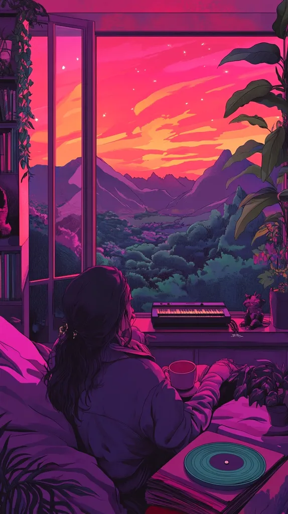 Here's a description of the image:

The illustration showcases a young woman sitting by a window, gazing at a vibrant sunset over a mountainous landscape.  The scene is bathed in a predominantly purple and pink color palette, giving it a dreamy, nostalgic feel.  Indoor plants, a keyboard, and a stack of vinyl records add to the cozy, artistic ambiance. The overall style is reminiscent of vaporwave aesthetics, with a focus on soft lighting and saturated colors. The woman's posture and the quiet scene suggest a moment of peaceful contemplation.