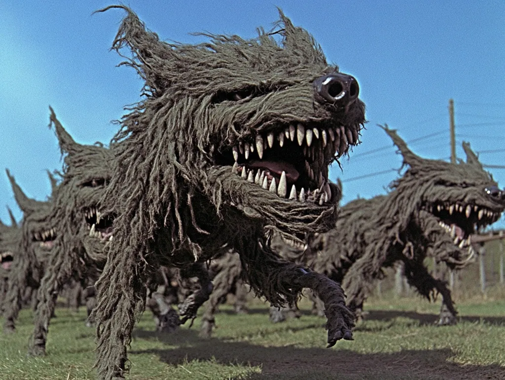 A pack of monstrous, shaggy, canine creatures runs across a grassy field.  Their dark, matted fur obscures most of their bodies, but sharp teeth and menacing expressions are visible.  The creatures move with a predatory energy, their long, tangled hair blowing in the wind. The background suggests an open, possibly rural, setting. The overall impression is one of unsettling ferocity and otherworldly menace.