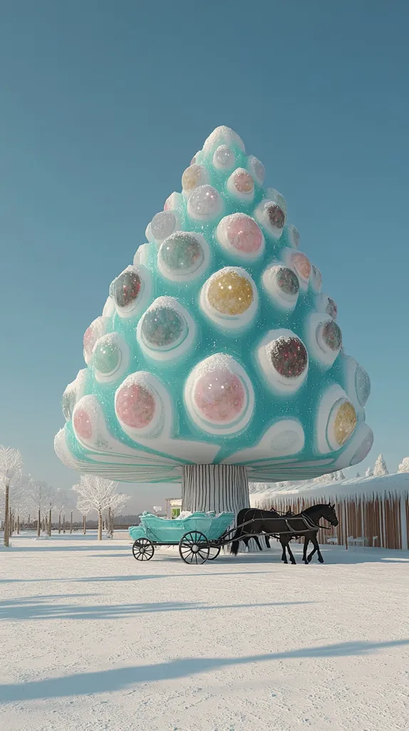 A whimsical, teal Christmas tree, adorned with pastel-colored spheres and dusted with snow, stands prominently in a snowy landscape.  Underneath its broad, mushroom-like canopy, a light teal carriage is hitched to two black horses.  The scene is serene and peaceful, with a backdrop of snow-covered trees under a clear blue sky, suggesting a magical winter wonderland.