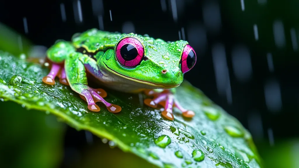 A vibrant green red-eyed tree frog sits on a rain-soaked leaf.  Its bright pink feet and striking red eyes contrast beautifully against the lush green of the foliage.  Raindrops cling to the leaf's surface, creating a glistening effect. The background is dark and blurred, drawing focus to the frog and emphasizing the rain's gentle descent. The overall image is one of vivid color and natural beauty.