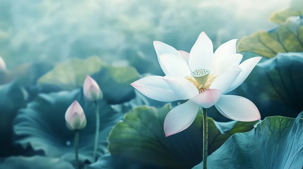 A serene image features a blossoming white lotus flower, its petals delicately unfurled, revealing a subtle blush of pink at its heart.  Two unopened lotus buds stand sentinel nearby, surrounded by large, textured green leaves.  The soft, diffused light and muted teal tones create a tranquil atmosphere, suggestive of a calm pond or water garden.  The overall impression is one of peace and natural beauty.