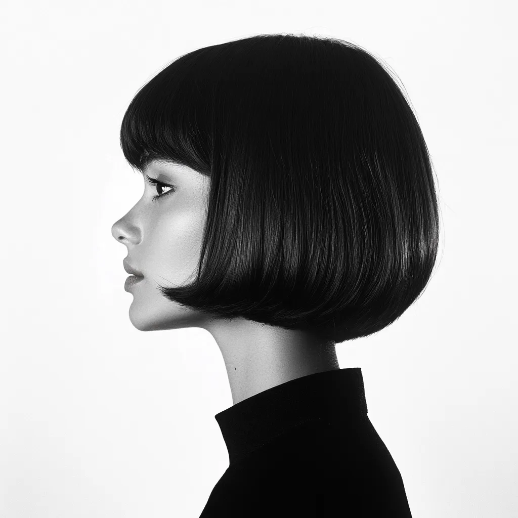 Here's a description of the image:

The black and white photograph presents a woman's profile, her face and neck sharply defined against a plain white backdrop. Her hair is styled in a classic, blunt bob, cut straight across her jawline with bangs that softly frame her face. She is wearing a high-necked, dark-colored top, creating a sleek and elegant silhouette. The lighting highlights the contours of her face and hair, emphasizing the smooth texture of her skin and the shine of her dark hair.  The overall aesthetic is clean, minimalist, and reminiscent of vintage fashion photography.