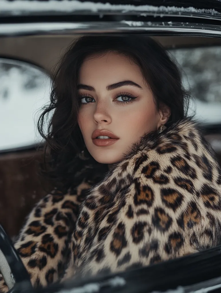 Here's a description of the image:

A young woman with dark, wavy hair sits inside a vintage car.  She wears a luxurious leopard-print fur coat, the texture prominently displayed.  Her makeup is subtly dramatic, emphasizing her eyes and lips. The setting appears to be outdoors in a snowy landscape, visible through the car window. The overall mood is one of sophisticated elegance and a touch of mystery. The image is well-lit, focusing on the model's face and coat.
