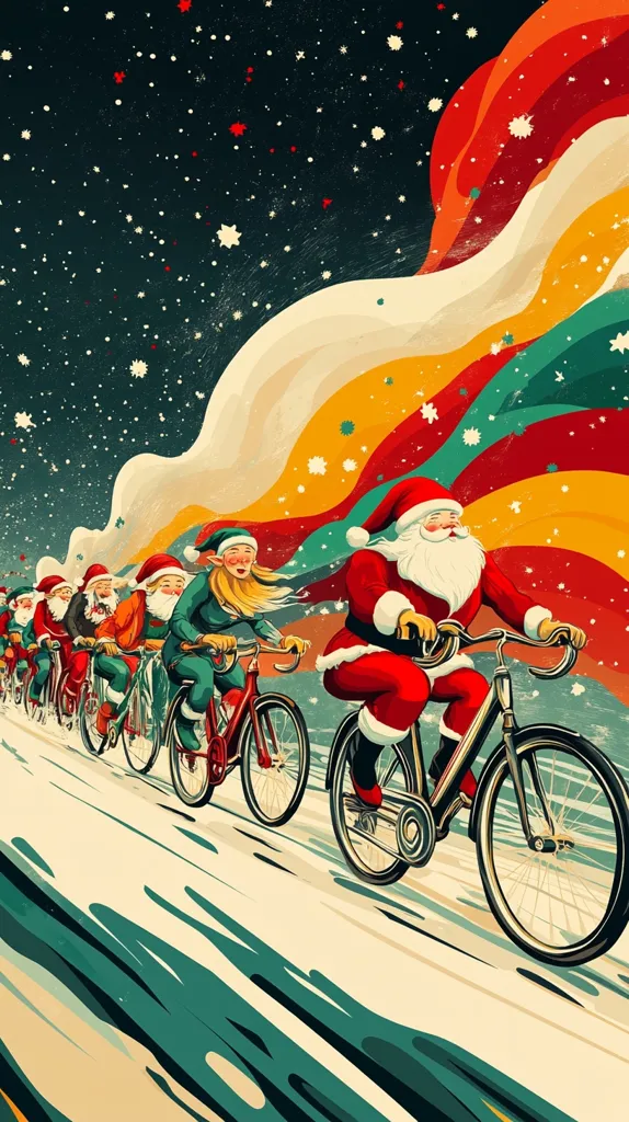 A vibrant illustration depicts Santa Claus and a group of elves merrily cycling across a snowy landscape under a swirling, multicolored sky filled with stars.  The color palette is bold and retro, with warm reds, oranges, and yellows contrasting against cool greens and a dark night sky.  The scene is whimsical and festive, suggesting a joyful Christmas journey. The elves and Santa are depicted with jovial expressions, adding to the overall cheerful atmosphere.