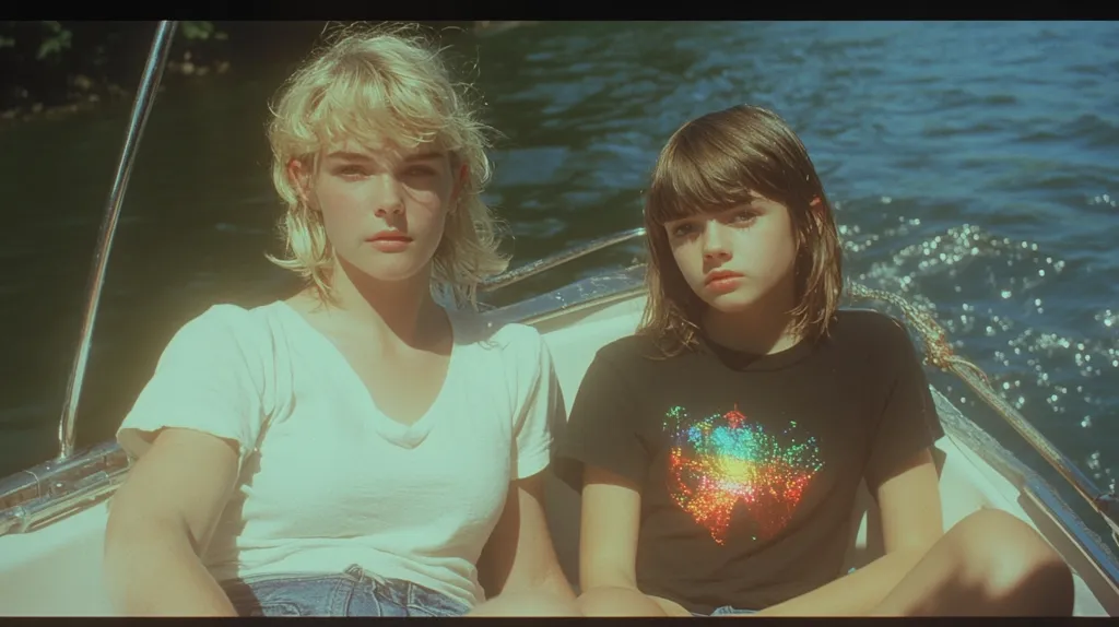 Here's a description of the image:

Two girls sit in a small boat on a sunny day. The older girl, with short, blonde hair, wears a light-colored, V-neck t-shirt and denim shorts. The younger girl, with shoulder-length brown hair, sports a dark t-shirt featuring a sparkly, rainbow-colored design.  Both girls gaze directly at the camera, their expressions serious and somewhat pensive. The water surrounding the boat is bright and slightly choppy, indicating a sunny, lively atmosphere. The overall tone of the image is nostalgic and reminiscent of a summer day.