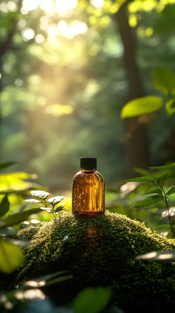 A small, amber glass bottle rests on a mossy mound in a sun-dappled forest.  The bottle, possibly containing essential oil or a natural remedy, is surrounded by lush green foliage.  Sunlight filters through the trees, creating a serene and natural ambiance. The scene evokes feelings of tranquility and the purity of nature.  The overall impression is one of natural wellness and organic products.