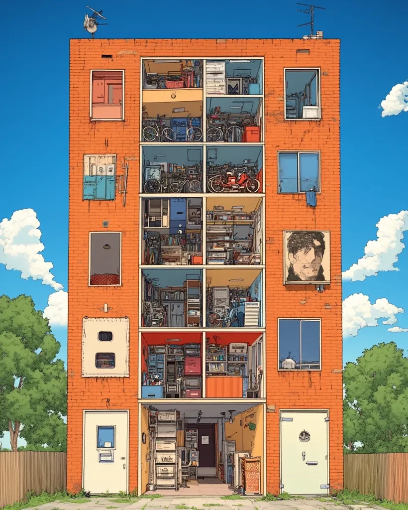 This illustration depicts a cutaway view of a multi-story brick building, revealing its interior crammed with an eclectic array of possessions.  Each floor is densely packed with bicycles, furniture, tools, books, and other items, showcasing a cluttered but organized lifestyle. A large portrait adorns one wall, adding a personal touch. The building's exterior is simple, contrasting with the surprisingly detailed and complex interior. A clear blue sky and green trees form the backdrop. The overall style is detailed and whimsical.