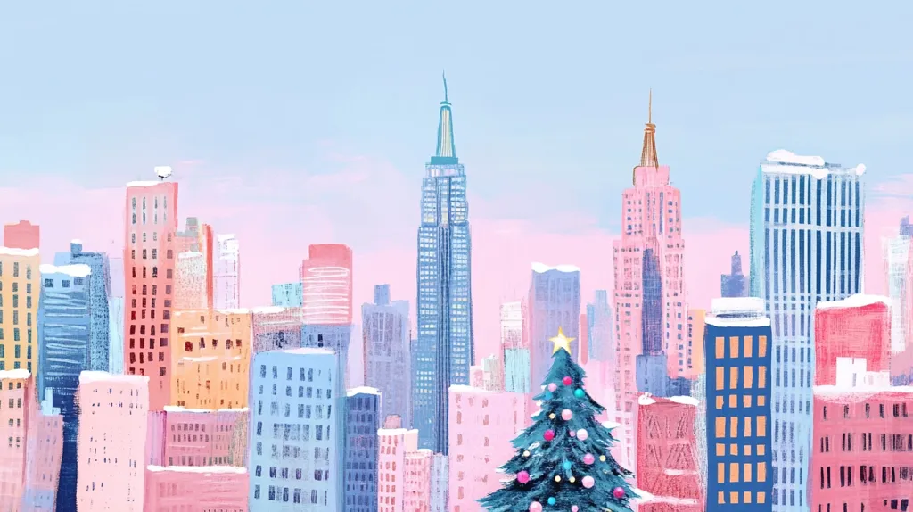 Here's a description of the image:

A stylized illustration depicts a snow-dusted cityscape, possibly New York, at dawn or dusk.  Pastel pink, blue, and orange buildings rise against a pale sky.  The Empire State Building is prominent, alongside other skyscrapers, all rendered with a soft, painterly texture. A decorated Christmas tree sits in the foreground, adding a festive touch to the winter scene. The overall style is whimsical and charming, with a dreamlike quality to the colors and the gentle snow effect.