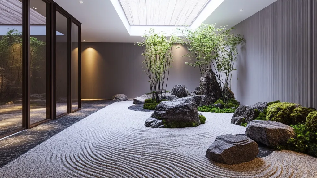 A serene indoor zen garden features a meticulously raked white sand base, punctuated by dark gray rocks of varying sizes.  Lush green moss accents the rocks, and small bamboo plants add a touch of vibrant life.  The minimalist design is enhanced by a sleek, dark-framed glass door leading to an outdoor space, and soft lighting contributes to the tranquil ambiance. The overall effect is one of calm and peaceful contemplation.