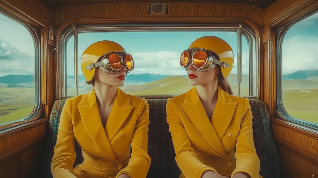 Two women, mirror images of each other, sit in a vintage train car.  They wear identical mustard-yellow suits, yellow helmets, and aviator goggles.  The train's wood paneling and large windows showcasing a scenic landscape create a retro aesthetic.  The image evokes a sense of adventure and stylish time travel.  Their serious expressions add an air of mystery.