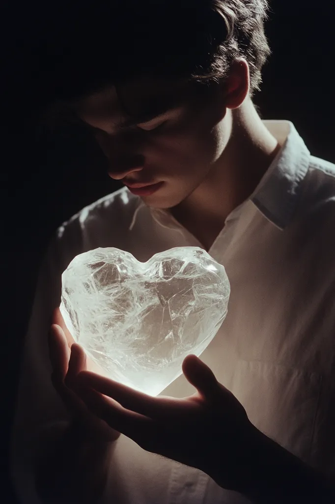 A young man with dark hair, dressed in a white shirt, gently cradles a translucent, heart-shaped object in his hands.  The object appears to be made of a crystalline or icy material, glowing softly from within.  The image is darkly lit, focusing attention on the man's contemplative expression and the fragile heart he holds. The overall mood is one of delicate vulnerability and introspection.