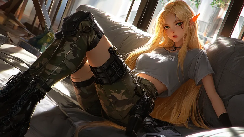 A blonde-haired elf girl with pointed ears relaxes on a couch. She's dressed in camouflage leggings and a grey shirt, tactical gear strapped to her legs.  Sunlight streams through a nearby window, illuminating her long hair. The overall style is anime-inspired, with a focus on detailed features and a blend of casual and tactical attire. The scene suggests a blend of fantasy and modern elements.