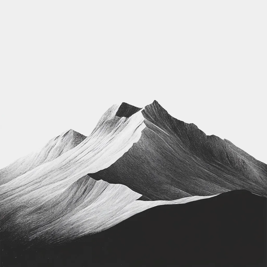 Here's a description of the image:

The image is a minimalist black and white drawing of a mountain range.  The style is highly stylized, with the mountains rendered using countless fine, parallel lines that suggest texture and depth. The lines are denser in the shadowed areas, creating a strong contrast between light and dark. The peaks are sharply defined against a plain white sky, emphasizing the mountain's form and the artist's precision. The overall effect is serene and contemplative, evoking a sense of vastness and quiet grandeur.