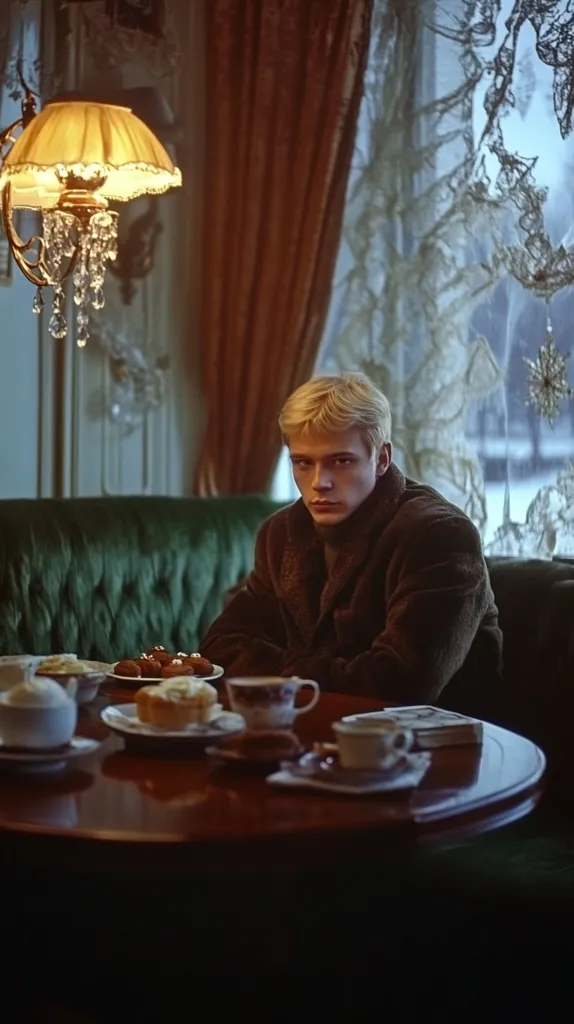 A young blond man sits in a plush green velvet booth in a dimly lit cafe. He wears a brown fur coat and looks directly at the camera.  A round wooden table in front of him holds several cups and saucers, plates of pastries, and a creamer. A warm-toned lamp with a crystal pendant hangs on the wall behind him. The window behind the booth shows a snowy winter scene, partially obscured by lace curtains.  The overall atmosphere is cozy and intimate.