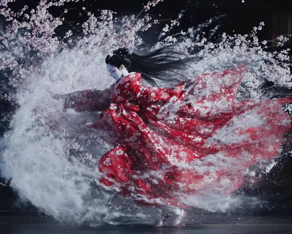A geisha, her long black hair flowing, is captured in a dynamic pose amidst a flurry of white powder.  She wears a vibrant red kimono adorned with white floral patterns, the fabric billowing dramatically around her.  Branches of blossoming cherry trees frame the scene, their delicate flowers contrasting with the powerful movement of the image.  The overall effect is one of ethereal beauty and captivating energy, a blend of traditional Japanese aesthetics and modern dynamism.