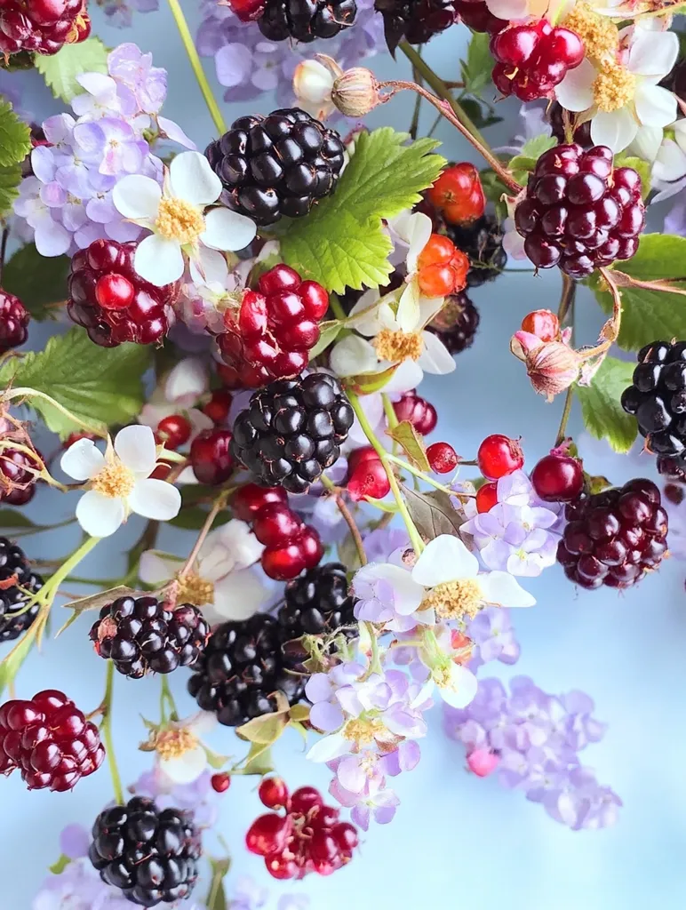 A vibrant arrangement of blackberries, red berries, and delicate purple and white flowers against a light blue backdrop.  The composition features various stages of berry ripeness, from deep purple-black to bright red.  Green leaves intertwine with the blossoms and fruit, creating a lush and natural aesthetic. The overall image suggests a summer harvest or a celebration of nature's bounty.