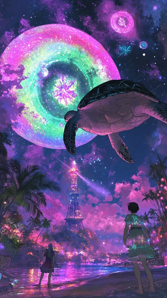 A surreal nightscape unfolds, dominated by a colossal, iridescent moon.  A giant sea turtle flies beneath it, seemingly defying gravity.  Below, a glowing coastal town features a tall, ornate tower, illuminated in vibrant purples and pinks.  Two silhouetted figures stand on a beach, gazing at the fantastical scene. The overall atmosphere is dreamy and otherworldly, combining elements of fantasy and magical realism. Stars and smaller celestial bodies pepper the sky, adding to the dreamlike quality of the image.