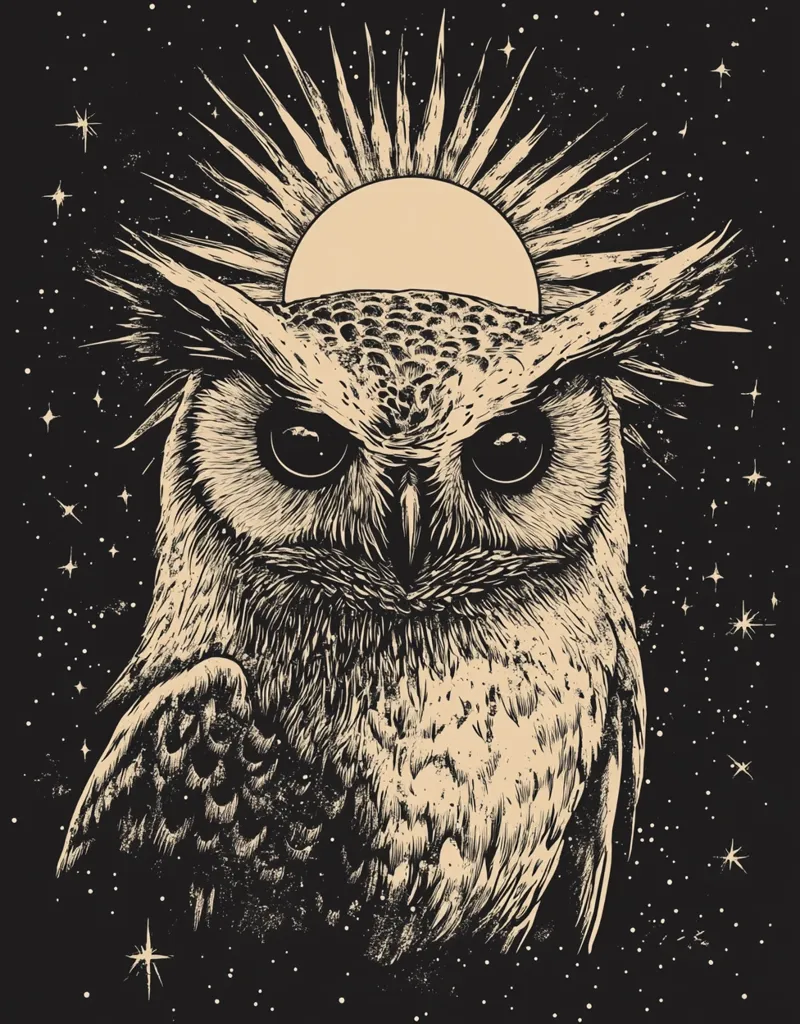 Here's a description of the image:

The image is a stylized, monochromatic drawing of an owl against a night sky. The owl is rendered in a detailed, almost woodcut style, with meticulous attention to feather texture. Behind the owl is a large, stylized sun or moon with radiating rays, suggesting a celestial or mystical theme.  The background features a dark, speckled sky dotted with small stars, enhancing the nocturnal setting. The overall color palette is a muted beige on black, creating a vintage or antique feel. The owl's expression is serious and watchful, adding to the image's mysterious atmosphere.