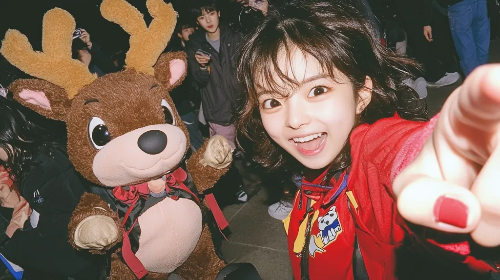 A cheerful young woman takes a selfie, her hand playfully outstretched toward the camera. She's wearing a vibrant red jacket and grinning broadly.  Beside her is a large, brown plush reindeer mascot, also appearing friendly. The background is blurred but shows a nighttime setting with other people in the distance, suggesting a festive or outdoor event. The overall mood is lively and fun.