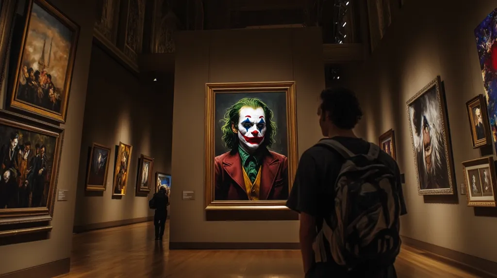 A lone visitor stands before a large portrait of the Joker, displayed prominently in an art gallery. The Joker's painting is framed in gold, contrasting with the other classical artworks lining the walls.  The gallery's dim lighting emphasizes the artwork, creating a dramatic and somewhat unsettling atmosphere. The viewer's back is to the camera, focusing their attention solely on the unsettlingly realistic portrayal of the iconic villain. Other paintings in various styles and subjects flank the Joker portrait, creating a juxtaposition of classical art and modern pop culture.