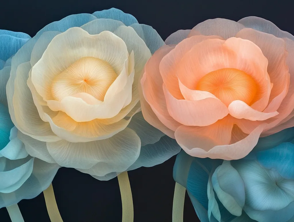 The image shows a close-up of three large, stylized flowers against a dark background.  The flowers are rendered with a soft, translucent quality, their petals appearing almost ethereal.  Colors range from a pale, creamy yellow in the center flower, transitioning to a peachy-orange in the second, and cool teal-blue hues in the surrounding blossoms.  The delicate rendering emphasizes the texture and form of the petals, creating a dreamy and almost surreal effect.  The stems are barely visible, suggesting a focus solely on the floral details.