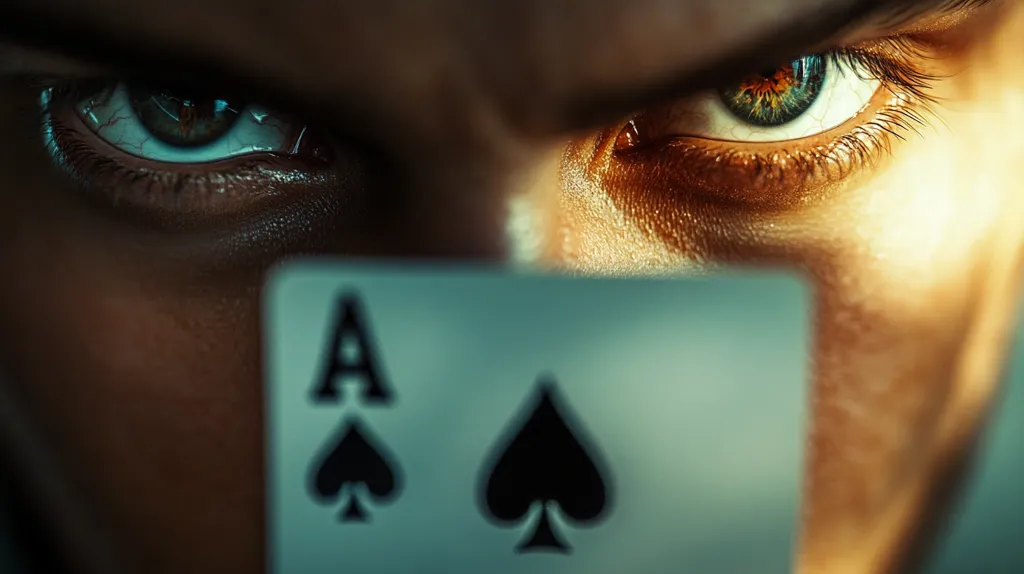 A close-up shot reveals a person's intense gaze, their eyes narrowed in a focused, almost aggressive stare.  The lower half of their face is obscured by an ace of spades playing card, held just below their eyes. The image is dark and moody, highlighting the intensity of the eyes and creating a sense of mystery and perhaps deception. The contrast between the sharp focus on the eyes and the slightly blurred card adds to the dramatic effect.