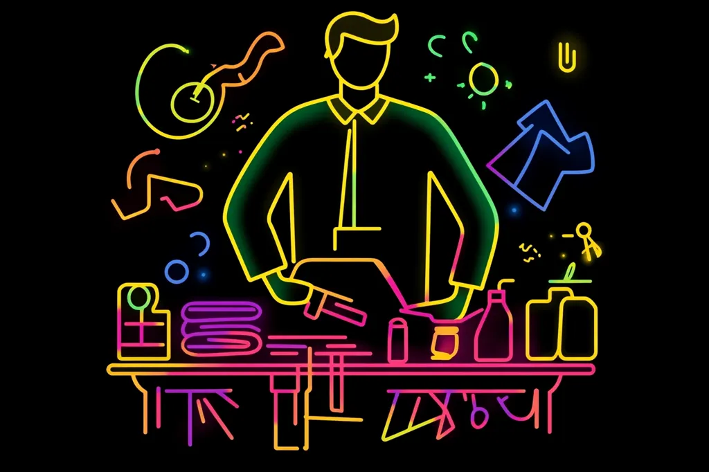 A vibrant neon-colored illustration depicts a person standing behind a table filled with various objects.  The individual, outlined in bold lines, appears to be working or crafting. The table holds what looks like tools, bottles, and stacks of cloth. Surrounding the central figure are playful, abstract shapes and symbols in a rainbow of neon hues, creating a dynamic and energetic atmosphere against a black background. The overall style is modern and suggestive of creativity and artistry.  The words underneath the table appear to be in a non-Latin alphabet.