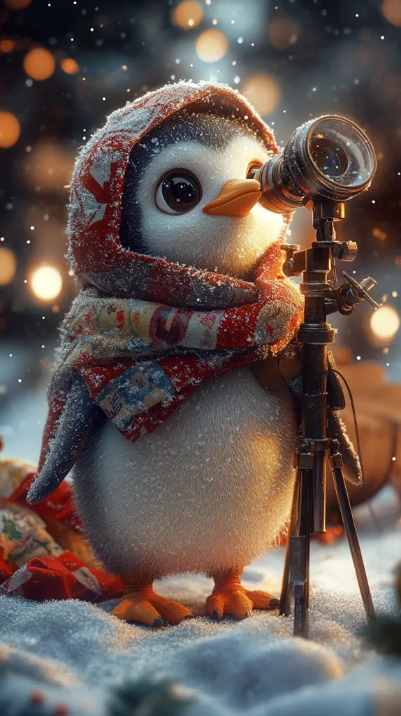 A fluffy penguin, bundled in a red and patterned scarf and hooded cloak, sits in the snow.  Snow lightly dusts its fur.  The penguin gazes intently through a vintage-style camera mounted on a tripod.  Warm, blurry lights shine in the background, suggesting a festive, winter setting. The scene evokes feelings of warmth and charm, with the penguin appearing curious and endearing.