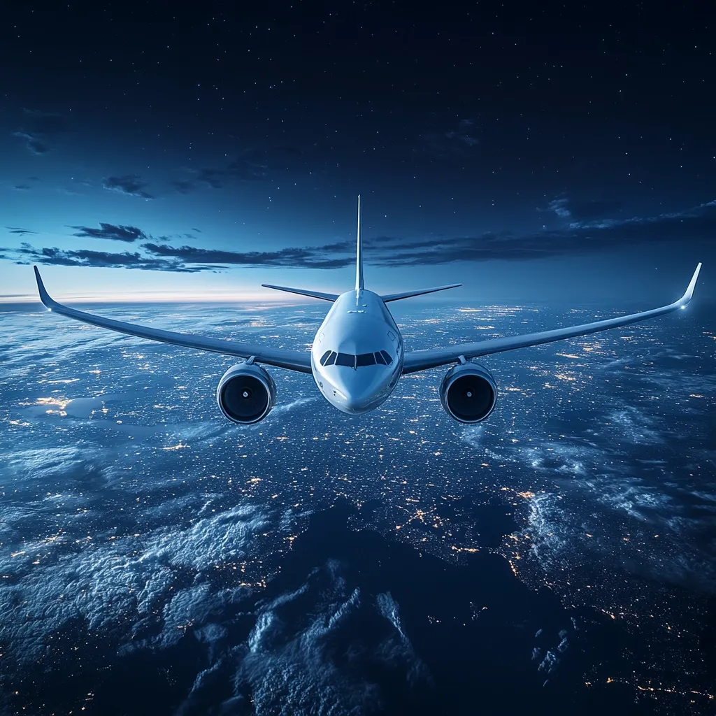 A passenger jet flies above a sprawling cityscape at night, its powerful engines visible.  The plane is centrally positioned, facing the viewer, against a backdrop of a star-filled twilight sky. Below, countless city lights twinkle, stretching to the horizon, creating a mesmerizing contrast between the dark sky and the illuminated earth. The overall mood is one of serene power and vastness.