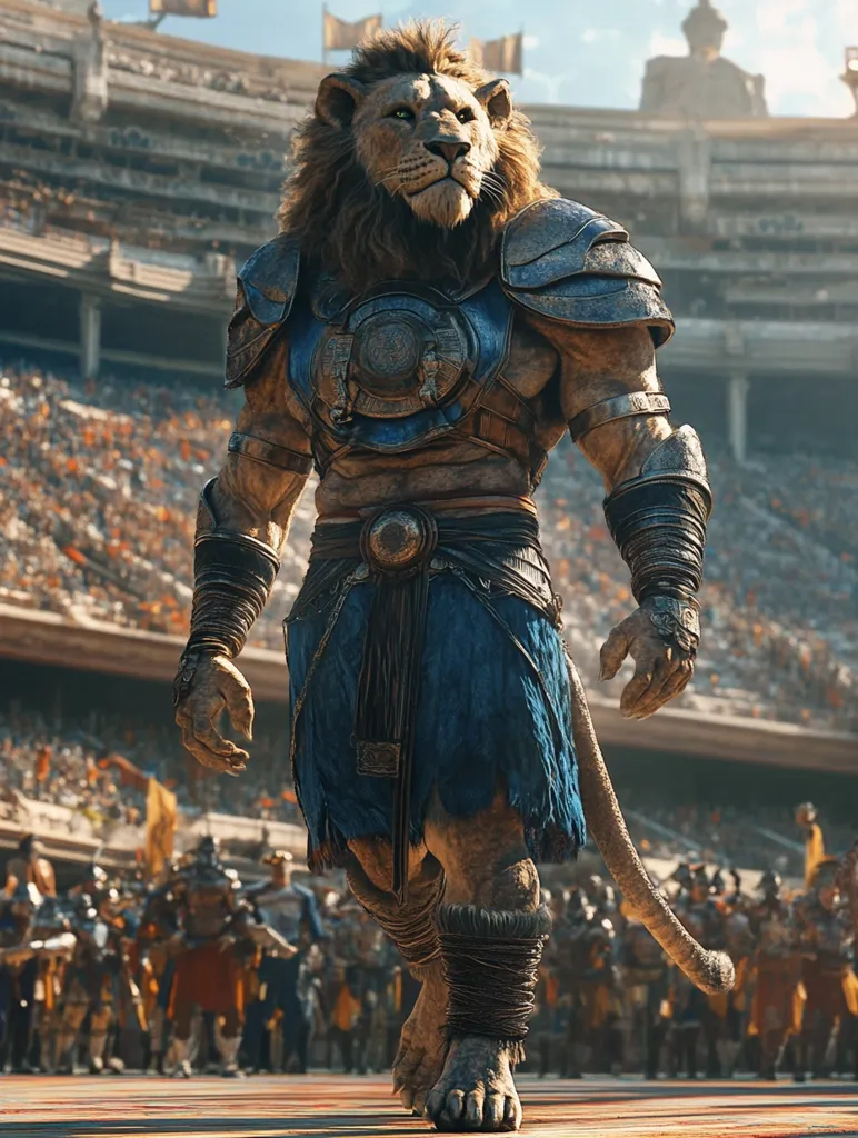 A powerful, anthropomorphic lion strides through a vast arena.  Clad in ornate, blue and bronze armor and a short, fringed kilt, the creature's muscular physique is evident. Its lion features, including a magnificent mane, are strikingly realistic, contrasting with the fantastical attire. The background depicts a large crowd of spectators, seemingly awaiting a spectacle, creating a sense of anticipation and power surrounding the majestic lion-warrior.