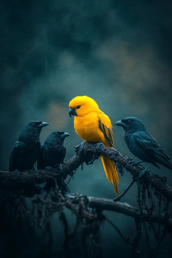 A vibrant yellow bird, possibly a parakeet, perches on a dark, gnarled branch.  Two black birds, possibly crows or ravens, flank it, creating a striking contrast of colors.  The background is a moody, dark teal, adding depth to the image. The scene is peaceful yet dramatic, emphasizing the yellow bird's unique appearance amidst its darker companions.  The overall aesthetic is one of natural beauty and subtle mystery.