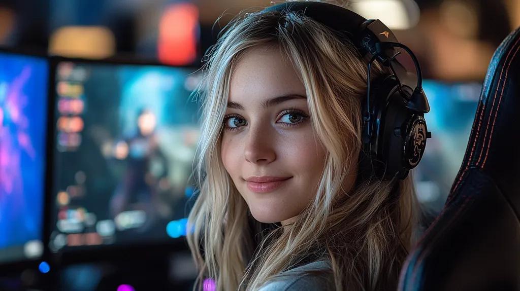 Here's a description of the image:

The image shows a young woman with long, blonde hair wearing black over-ear headphones. She's seated in a gaming chair, facing slightly away from the camera, her gaze directed over her shoulder with a gentle smile.  Behind her are blurred images of computer monitors displaying a vibrant, dynamic game interface. The overall setting suggests a gaming room or esports setup.  The focus is sharply on the woman, highlighting her features and the headphones, creating a visually appealing contrast between her soft expression and the high-tech gaming environment.