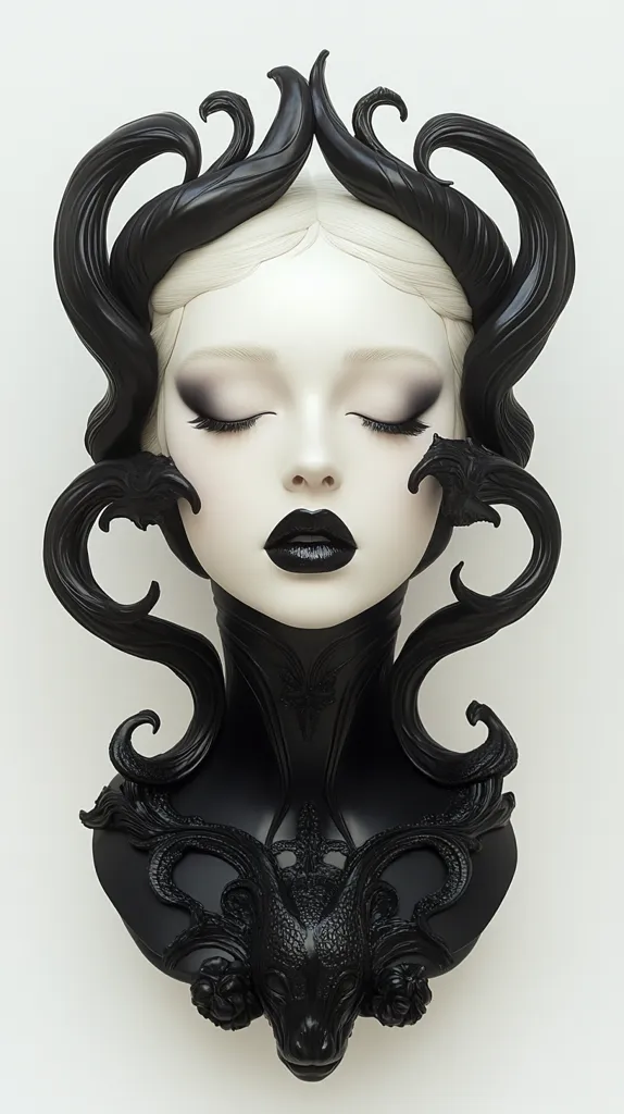 Here's a description of the image:

The image showcases a striking bust of a woman, rendered in a dark, gothic style. Her face is pale, almost porcelain-like, with dark, dramatic makeup accentuating her closed eyes and dark lips. The woman's head and neck are adorned with elaborate, black, organic-looking sculptural elements, resembling stylized vines, horns, or perhaps even tentacles, creating a frame around her face and extending down to a base featuring a sculpted animal head.  The overall effect is one of elegant darkness and surreal beauty.