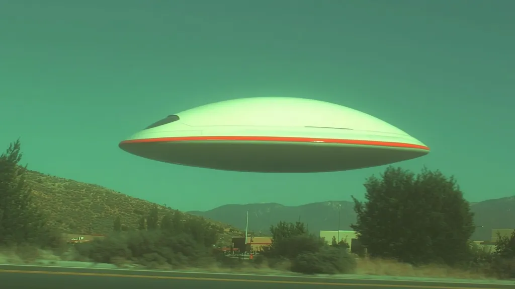 Here is a description of the image:

A large, white, disc-shaped object with a thin red band around its circumference hovers in a pale green sky. It resembles a classic depiction of a flying saucer.  Below, a landscape of low hills, scrubby vegetation, and some buildings is visible.  The overall color palette is muted and somewhat surreal, with the greenish tint dominating the scene. The object appears to be stationary, suspended in mid-air over the road and surrounding landscape.