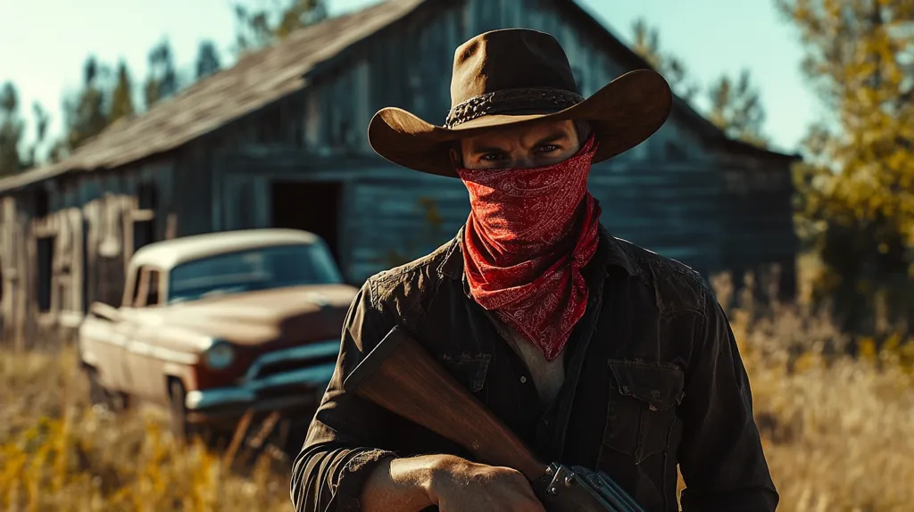 A man in a brown cowboy hat and red bandana covering his face stands in front of a rustic wooden barn and a weathered pickup truck.  He holds a long gun, his expression obscured but conveying a sense of seriousness and perhaps danger. The setting suggests a rural, possibly Western, environment. The overall mood is one of mystery and suspense.  The image is sharp in the foreground, contrasting with the blurred background emphasizing the man as the focal point.