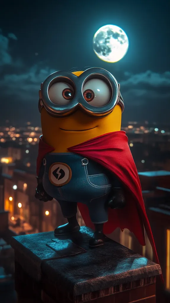 A cute Minion, dressed as a superhero in a red cape and blue overalls, stands on a rooftop at night.  The full moon illuminates the cityscape in the background, casting a soft glow on the Minion's goggles and cheerful expression. The Minion's costume features a circular emblem on its chest. The overall scene is a whimsical blend of cartoon character and nocturnal urban setting.