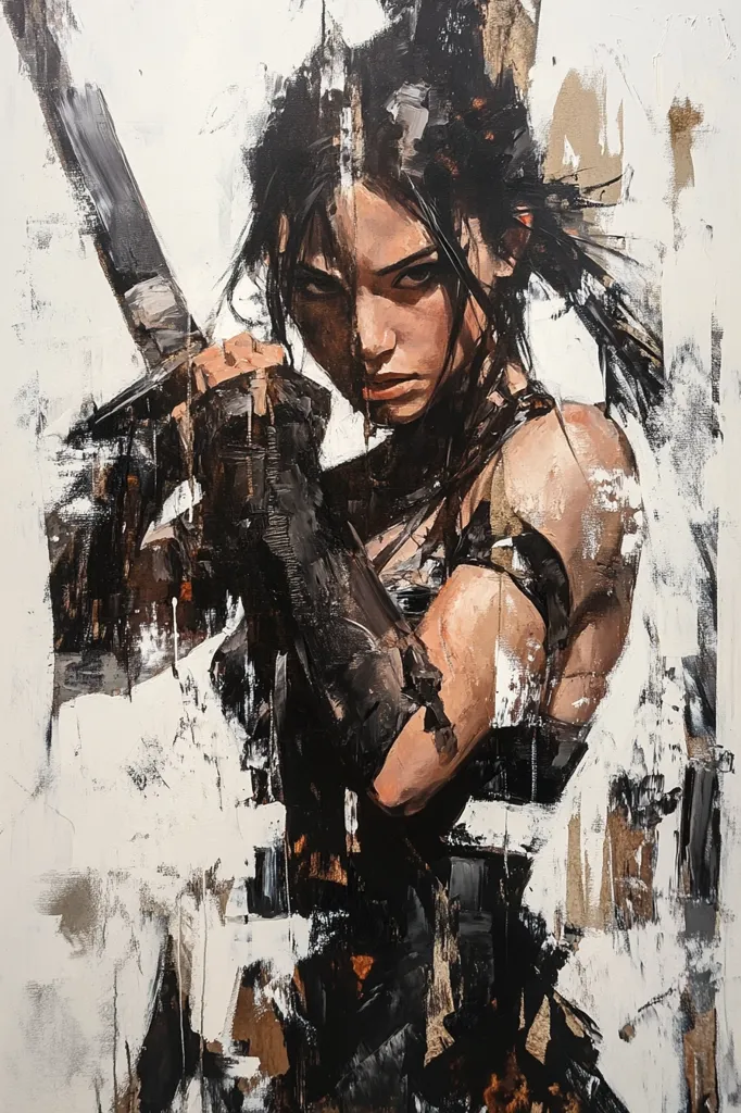 A powerful impasto painting depicts a fierce female warrior.  Her dark hair is pulled back, revealing a determined expression.  She grips a sword, her muscular arms clad in dark, textured armor. The background is a dynamic interplay of white and dark brushstrokes, creating a sense of movement and chaos. The overall style is expressive and abstract, emphasizing the subject's strength and intensity. The artist uses contrasting colors and textures to convey a feeling of both vulnerability and immense power.