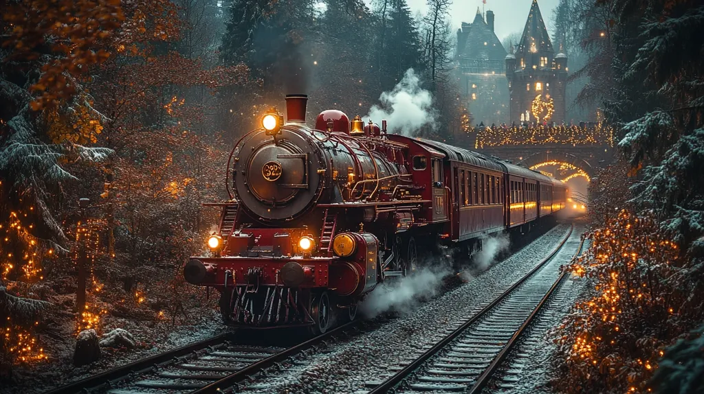 A vintage steam train, adorned in a rich maroon hue, chugs through a snow-dusted winter landscape.  The train, emitting plumes of steam, passes under a festively lit bridge arching over the tracks.  A fairytale-like castle, also illuminated with warm lights, is visible in the background, nestled amidst snow-covered evergreen trees. The scene is evocative of a magical Christmas journey.  String lights illuminate the trees bordering the tracks, creating a warm, enchanting ambiance.