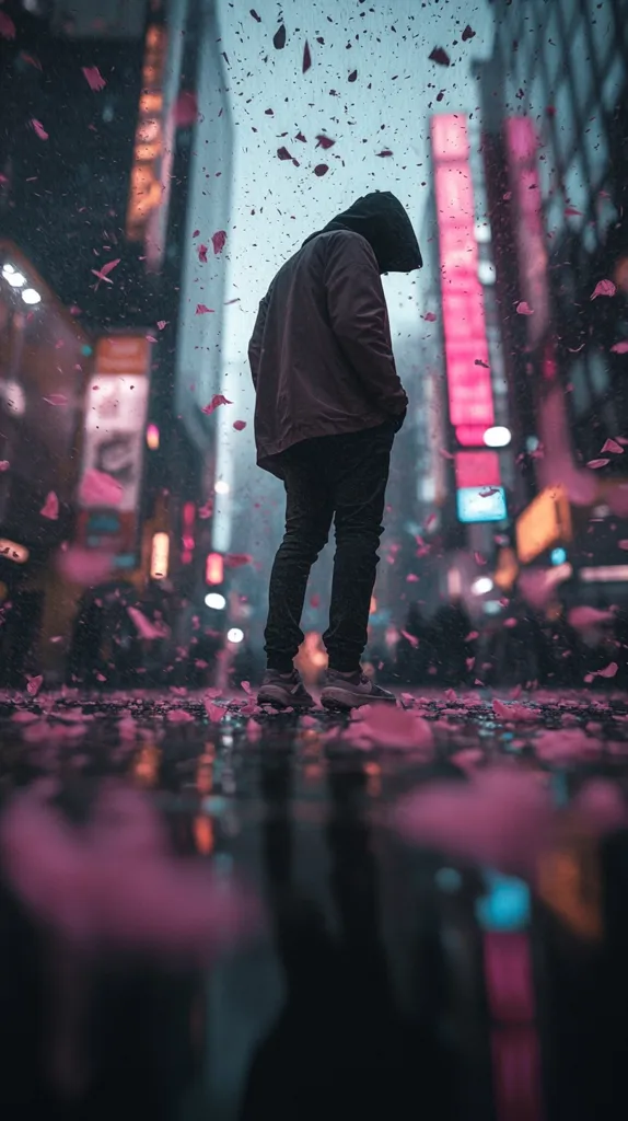A person, hooded and clad in dark clothing, stands alone on a rain-slicked city street.  Pink petals or confetti fall around them, creating a surreal atmosphere amidst the blurred, vibrant lights of towering buildings. The scene is moody and evocative, suggesting a sense of isolation or contemplation in an urban environment. The rain reflects the city's glow on the wet pavement, mirroring the person's solitude.