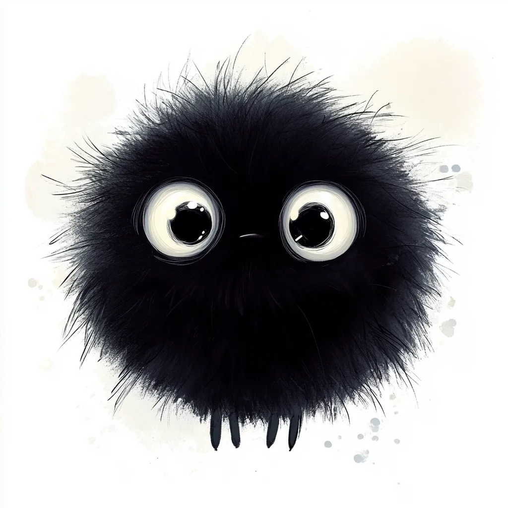 Here's a description of the image:

The illustration showcases a whimsical, cartoonish creature resembling a fluffy black ball.  Its large, expressive eyes, featuring white highlights and dark pupils, convey a sense of gentle sadness or apprehension.  Tiny, spindly legs are visible beneath the voluminous, dark fur. The background is subtly textured, with pale watercolor-like washes creating a soft, ethereal ambiance around the creature. The overall style is charming and slightly melancholic, with a focus on the creature's endearingly oversized features.