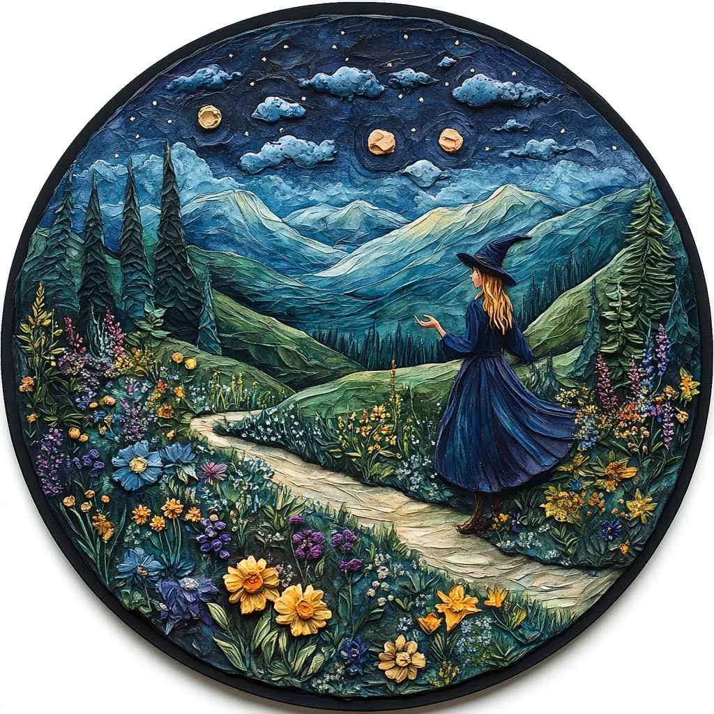 A circular, three-dimensional artwork depicts a whimsical scene. A young witch in a dark blue dress and pointed hat stands on a path winding through a vibrant, flower-filled meadow.  The path leads toward a majestic, moonlit mountain range under a starry night sky.  Two bright moons hang in the twilight sky above the rolling hills.  The texture is highly detailed, with the flowers, mountains, and even the night sky sculpted in relief, creating a rich, almost tactile quality. The overall mood is enchanting and mystical.