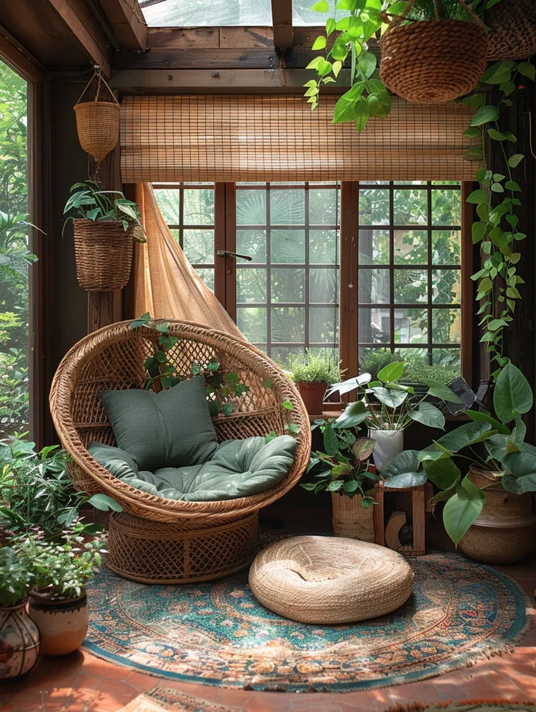 A sun-drenched sunroom is brimming with lush greenery.  A wicker peacock chair, adorned with a sage green cushion, sits center stage on a patterned rug.  Hanging baskets and potted plants of various sizes create a verdant oasis.  Bamboo blinds filter the sunlight streaming through a large window, completing the serene and bohemian atmosphere.  A woven floor cushion provides additional seating.
