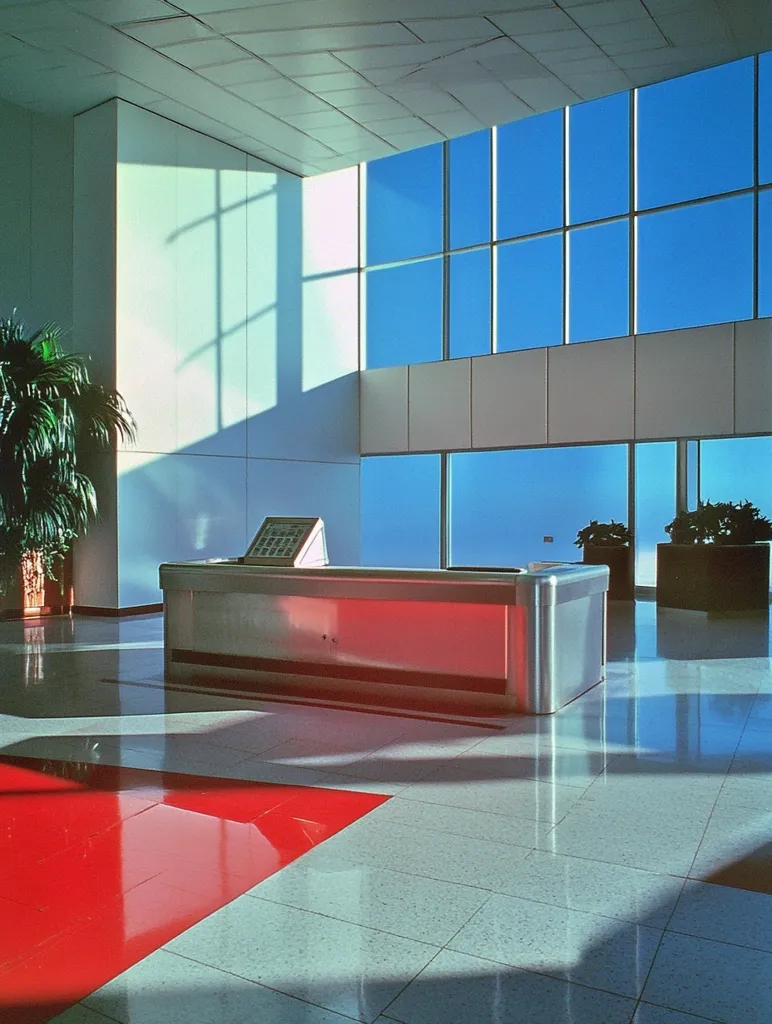 Here's a description of the image:

The photograph showcases a modern, bright interior space, possibly a lobby or reception area.  A sleek, stainless steel reception desk sits centrally, reflecting the light.  Large windows dominate one wall, offering a view of a clear blue sky.  The floor is polished, light-colored tile with a striking red geometric accent near the foreground.  Potted plants add touches of green, and sunlight streams in, casting shadows that accentuate the architectural lines. The overall mood is clean, minimalist, and airy.