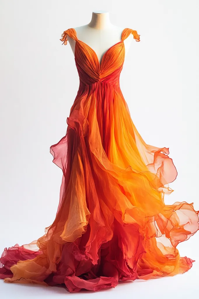 A stunning ombre gown, displayed on a mannequin against a white background. The dress is a flowing, floor-length design with a sweetheart neckline and short cap sleeves.  The color transitions seamlessly from deep red at the bottom to a vibrant orange at the top, creating a fiery effect. The fabric appears lightweight and translucent, with delicate ruffles and folds adding to its ethereal beauty. The overall impression is one of romance and drama.