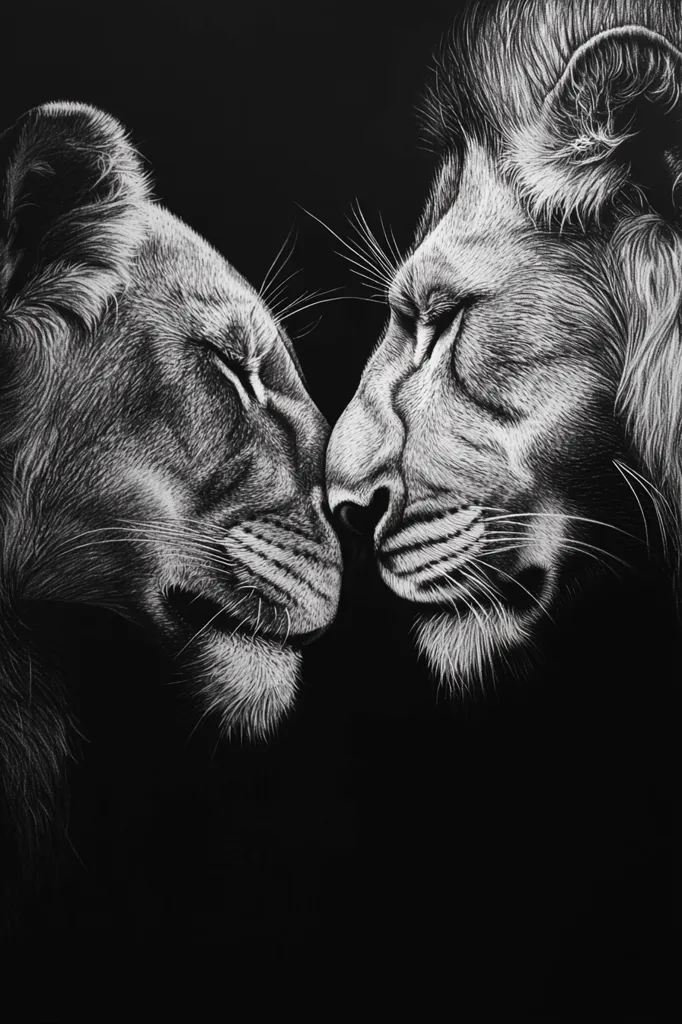 Here's a description of the image:

The artwork is a striking black and white scratchboard drawing depicting a lion and lioness.  Their faces are the focal point, almost touching in a tender moment.  The detail in the fur is exquisite, showing individual hairs and the texture of their manes.  The contrast between the bright white of the animals and the deep black background accentuates the intimacy of their pose.  The overall effect is one of serene power and connection.