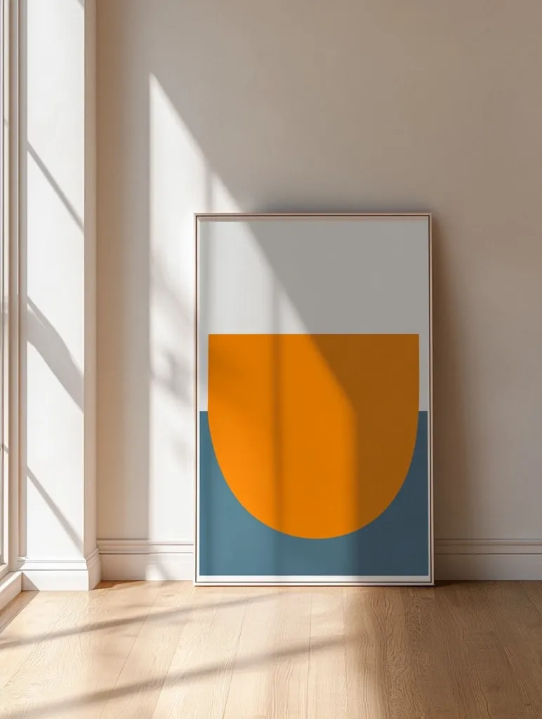 A minimalist artwork stands against a light beige wall. The piece features a large, bright orange semicircle resting on a teal blue rectangle, set against an off-white background.  The simple geometric shapes create a modern and calming aesthetic. Sunlight streams through a nearby window, casting shadows across the light oak floor and the artwork, adding depth to the scene.  The overall impression is one of clean lines and serene simplicity.
