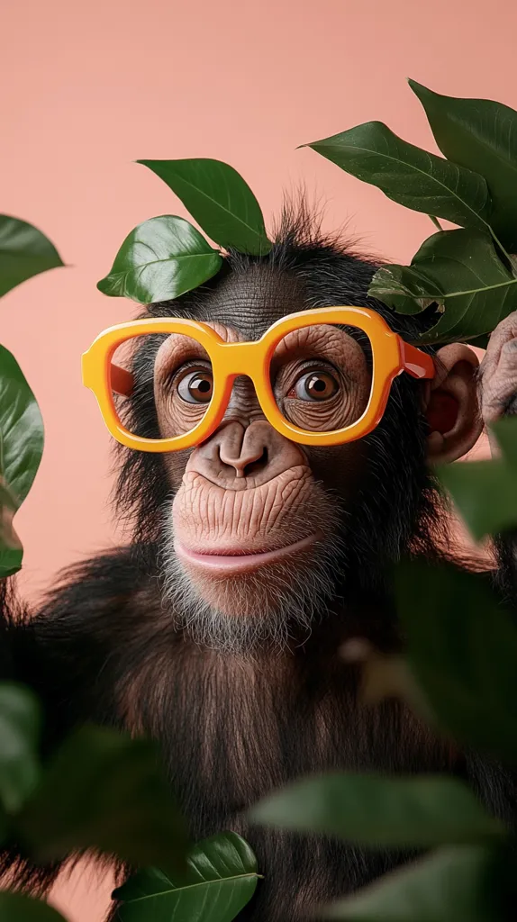 A chimpanzee, partially obscured by lush green leaves against a peach background, wears oversized, bright orange glasses.  Its expression is calm and curious, its gaze directed toward the viewer. The chimp's dark fur contrasts with the vibrant colors of the glasses and foliage, creating a whimsical and charming image.  The overall mood is playful and slightly humorous.