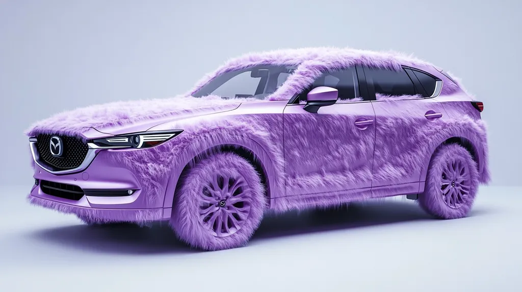 Here's a description of the image:

The image shows a lilac-colored Mazda CX-5 SUV completely covered in long, fluffy, purple fur.  The fur extends over every part of the vehicle, including the wheels, obscuring the car's original details. The car is positioned on a plain light-purple background, highlighting the unusual texture and color contrast. The overall effect is whimsical and playful, creating a strikingly unconventional visual.