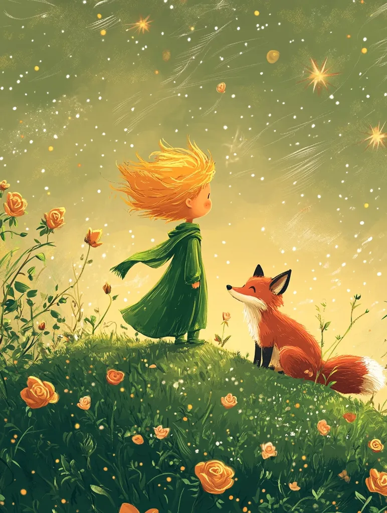 The image depicts a whimsical scene inspired by "The Little Prince." A young boy with blond, windblown hair, wearing a green cloak, stands on a grassy hill dotted with orange roses.  A friendly fox sits beside him, gazing upwards. The background is a soft, pastel green sky filled with shimmering stars and light streaks, creating a dreamy, magical atmosphere. The overall style is painterly and evokes a sense of childlike wonder and quiet companionship.